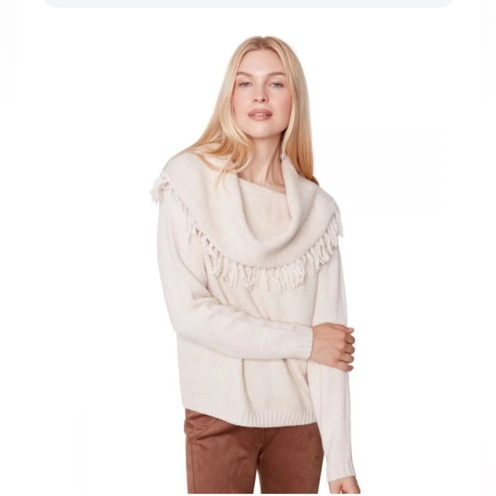 Charlie B Fringe Cowl Neck PolyBlend Sweater.  Medium